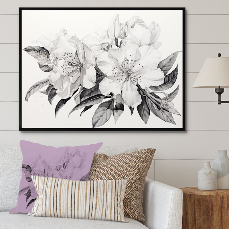 Gris, rhododendron, pétale, poésie, zen III, Cadre flottant noir, H 34 po x l 44 po x P 1,5 po