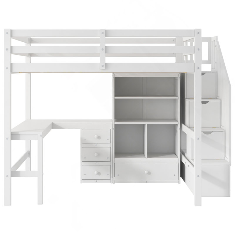 Lit mezzanine double avec bureau en L et tiroirs, armoire et escalier de rangement
