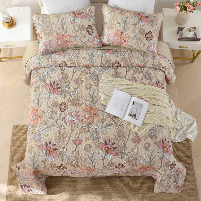 Ensemble de courtepointe 3 pièces Botanical Floral - couvre-lit toutes saisons en microfibre douce et légère, Kaki