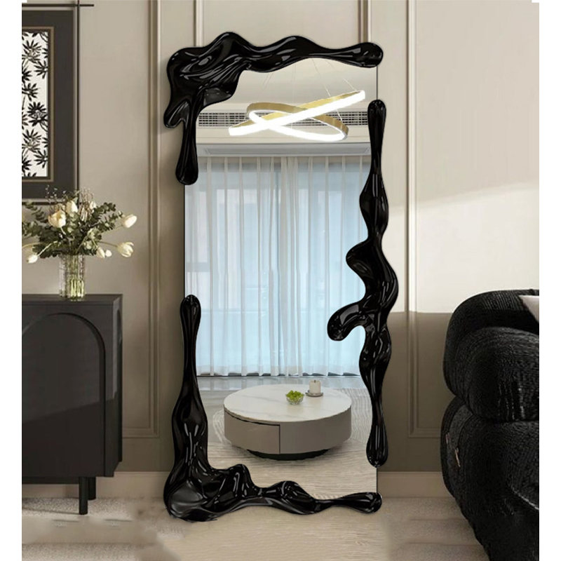 French Minimalist Black Irregular-Edge Wooden Art Full-Length Mirror, 74.8" H x 35.43" W