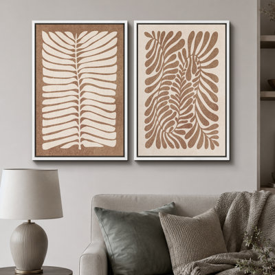 Abstrait botanique ", feuilles brunes délavées, œuvres d'art murales rétro bohème classique, impression sur toile encadrée giclée 2 pièces" 16 x 24 x 2 pièces, 24 x 36 x 2 pièces