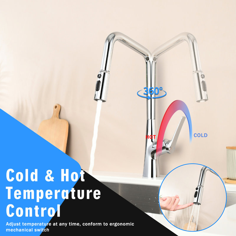 Robinet de cuisine avec fonction à 3 fonctions, interrupteur à une touche, pivotement élevé sur 360 °, tuyau rétractable et modes de débit d'eau pour un changement professionnel efficace à 360 °, pivotant, de cuisson