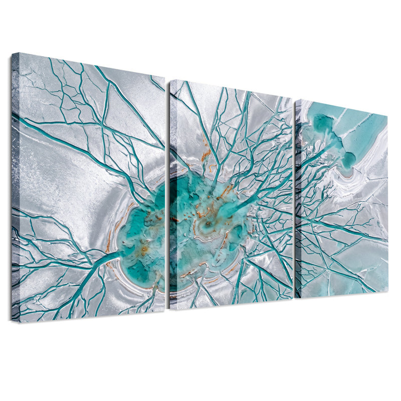 Ensemble de 3 toiles murales représentant des canaux turquoise dans une banquise blanche, H 24 po x l 16 po x 3 pièces