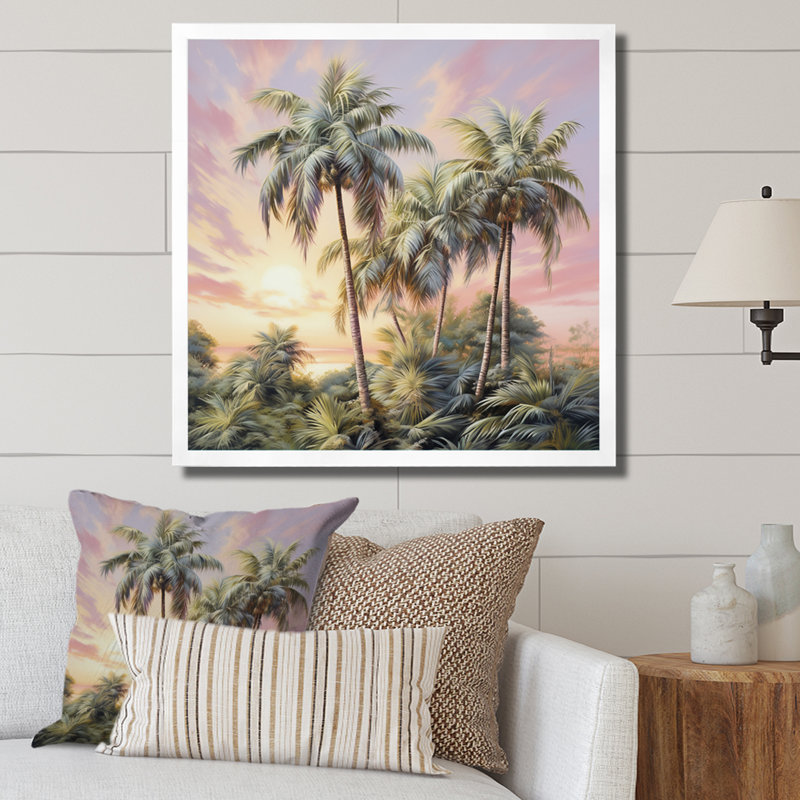 «Palm Trees Romantic Sunset I», reproduction sur toile, H 24 po x l 24 po x P 1 po, Cadre simple blanc