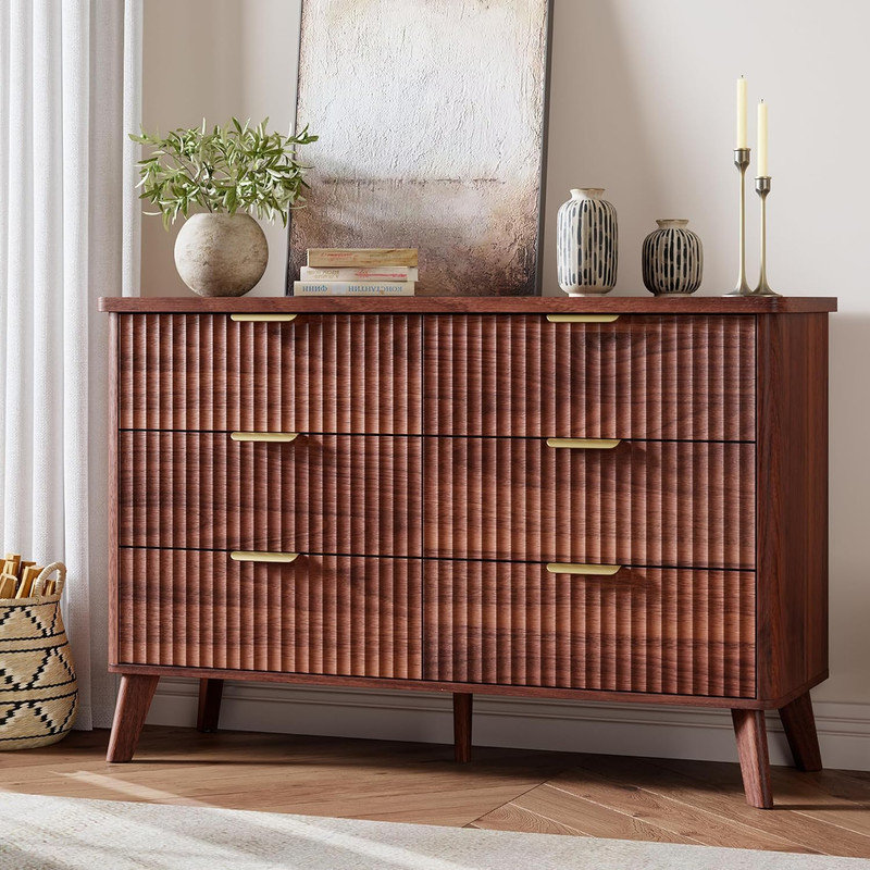 47.2" Fluted Dresser with 6 Deep Drawers, Curved Wooden TV Stand for Living Room & Bedroom, Brown