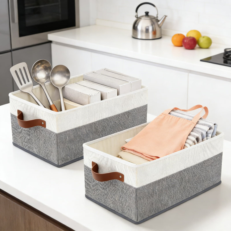 Foldable Fabric Storage Bins With Leather Handles, Large Capacity Closet Organizers And Shelf Baskets For Home Organization, Multi-Purpose Storage Boxes For Clothes, Toys, And Books