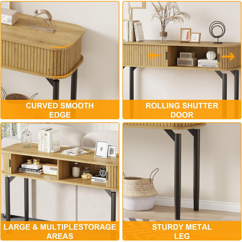 Console Table With Storage,wood Sofa Console Table With Sliding Door, Oak Wood