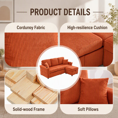 Canapé d'angle en L avec rangement coulissant, pouf, coussins, port USB et porte-gobelets, design convertible pour salon, tissu en velours côtelé