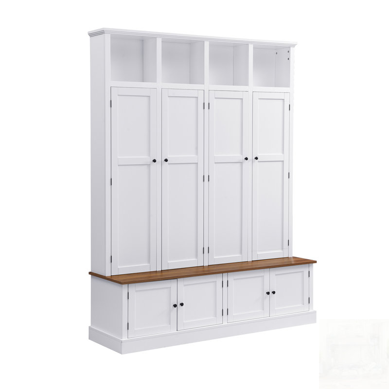 Farmhouse Hall Tree With Bench And Cabinet, 4-In-1 Entryway Organizer With Open Cubbies & Hooks For Modern Homes, White