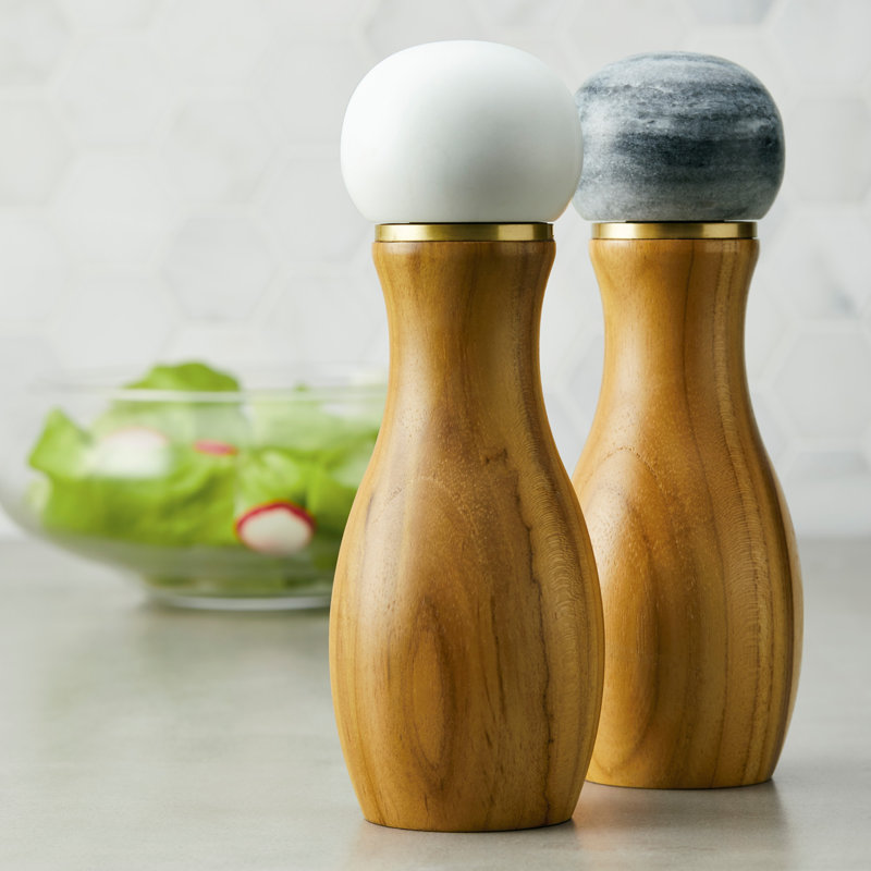 Teakwood and Marble Salt and Pepper Grinder Set with Brass Accents