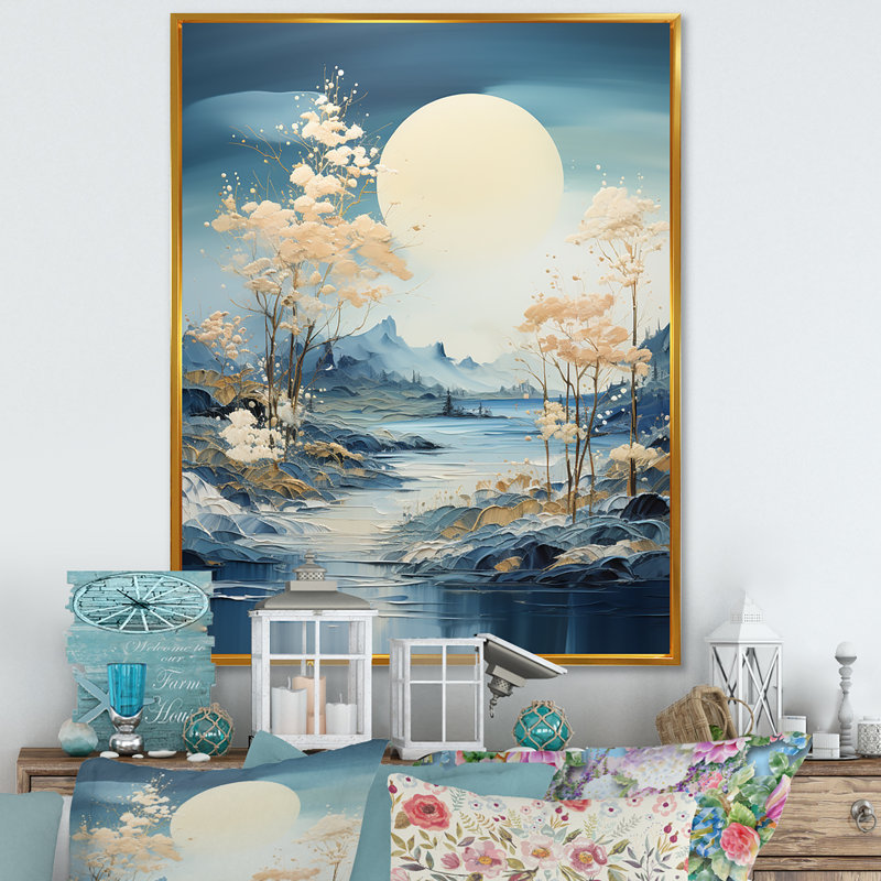 Encre liquide blanche et bleue IV - Paysage, art mural, Cadre photo argenté, H 32 po x l 24 po