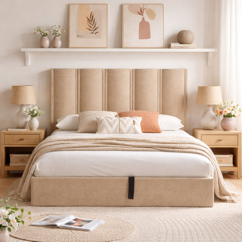 Lit plateforme tapissier hydraulique à hauteur relevable de 51,6 po Braya, beige, double, Double, Beige