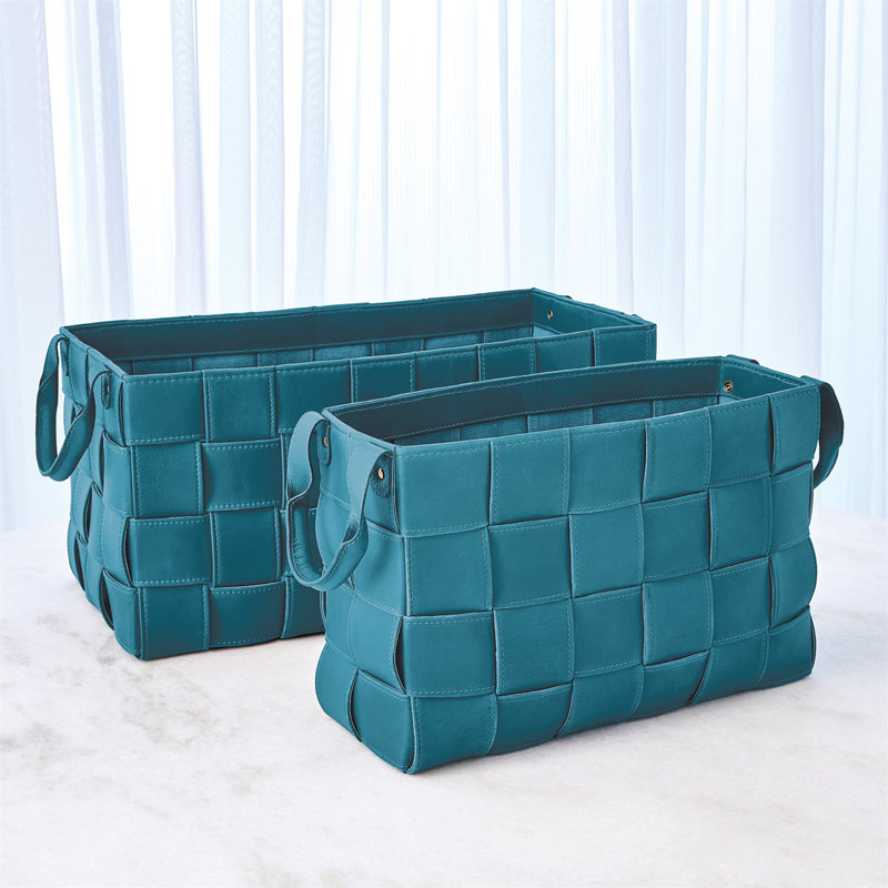 Soft Woven Leather Basket-Putty, 12" H x 18" W x 6.25" D, Azure