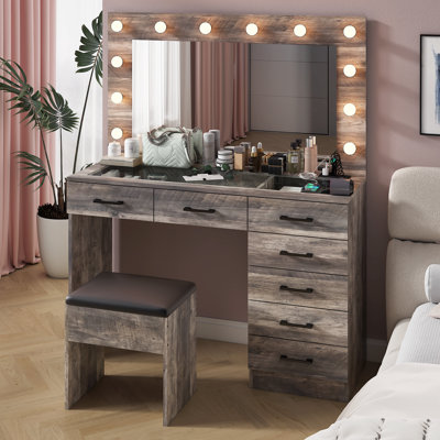 Grand ensemble de coiffeuse avec lumières, USB et prise de courant, 7 tiroirs