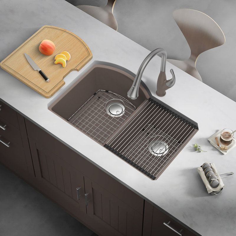 31'' L Double Bowl Granite Kitchen Sink, Espresso