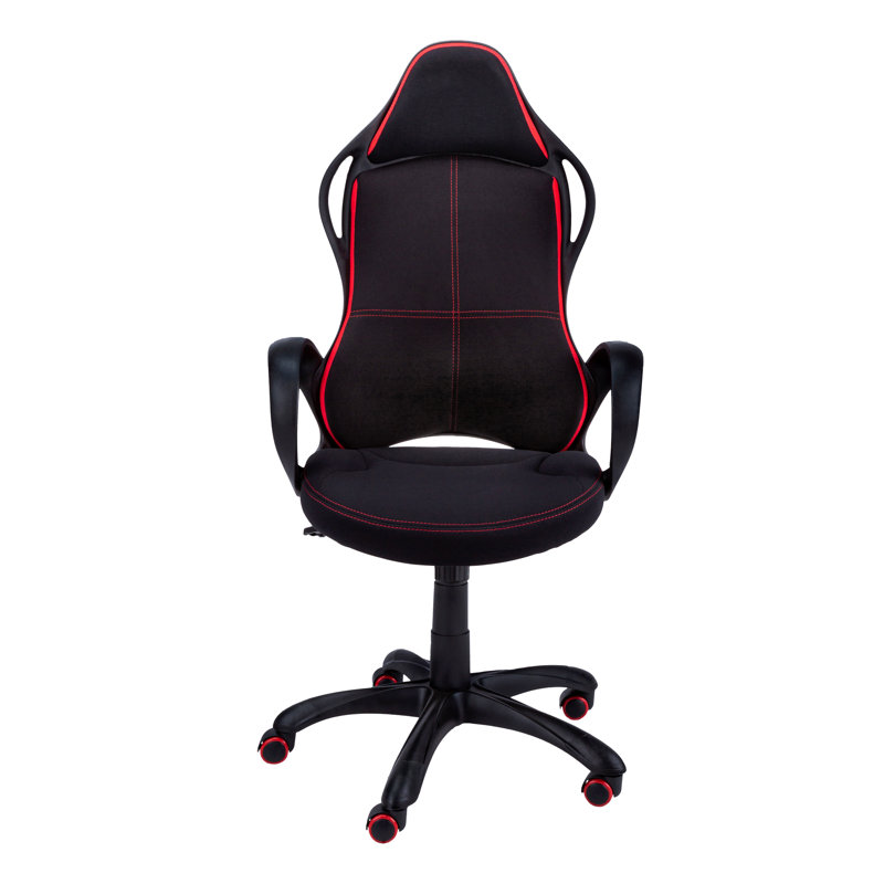 Chaise de bureau, jeux, hauteur réglable, pivotant, ergonomique, accoudoirs, bureau d'ordinateur, travail, tissu noir et rouge, métal noir, contemporain, moderne