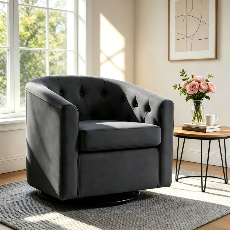 Fauteuil d'appoint pivotant contemporain à 360° de 75 cm de large, recouvert de lin, avec dossier capitonné et coussin amovible