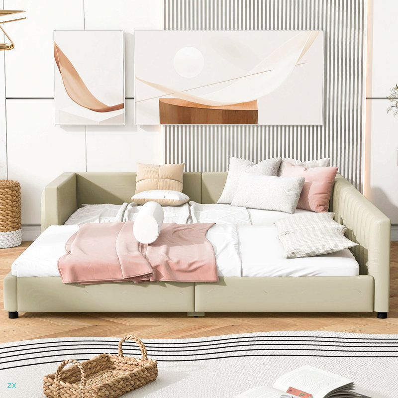 Lit plateforme tapissier grand et simple TG, lit mère et enfant, similicuir, Beige