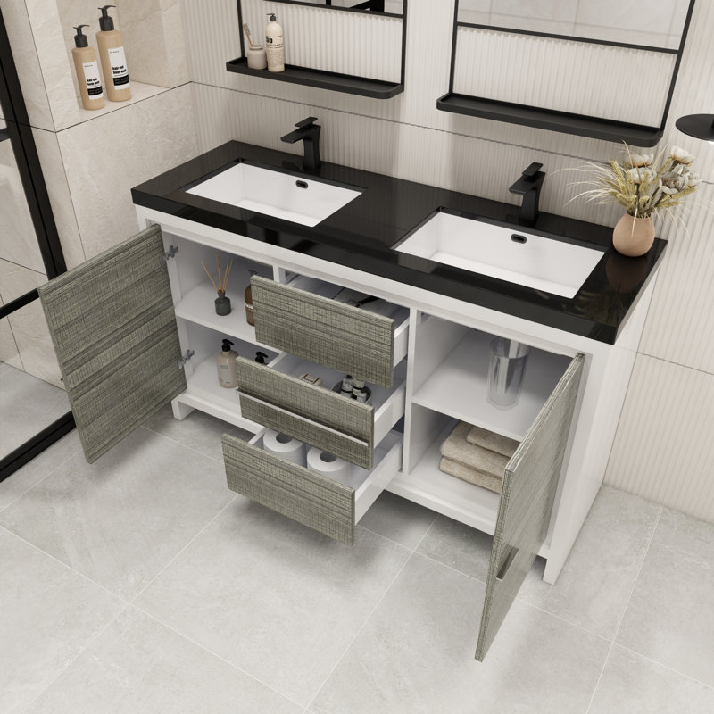 Ensemble de meuble-lavabo double 60 po Bayyinahi, Gris cendré ultrabrillant