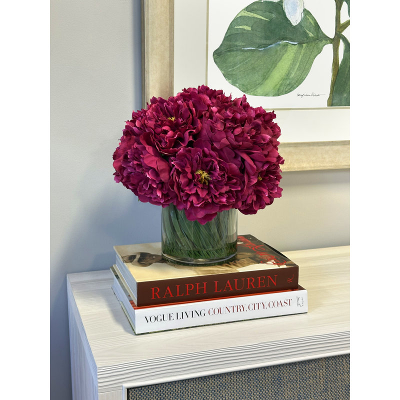 Faux Peony Arrangement in a Glass Vase, Dark Magenta