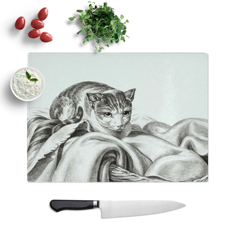 Tempered Glass Cat in a Basket Chopping Board, 39 cm W x 28.5 cm L