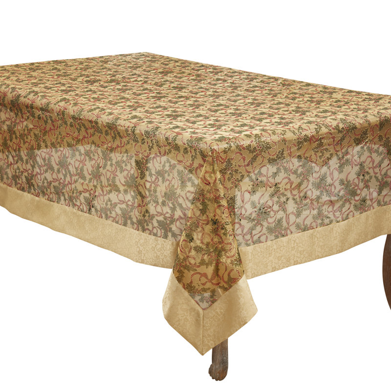 Gold Satin Border And Tassels Holly Ribbon Holiday Christmas Sheer Tablecloth, 65" W x 104" L