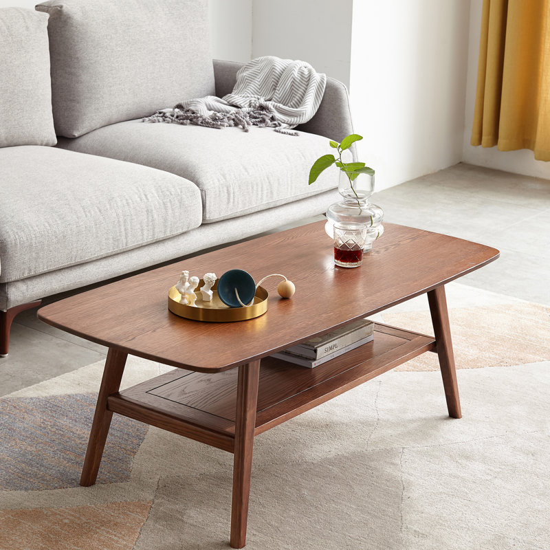 Rectangular Solid Wood Coffee Table - 120X56x44 Cm, With Shelf Storage, Brown Finish Low Walnut