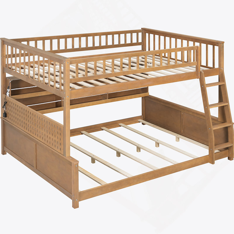 Lit superposé double au-dessus de grand lit double avec rangement intégré et éclairage personnalisable, Brown