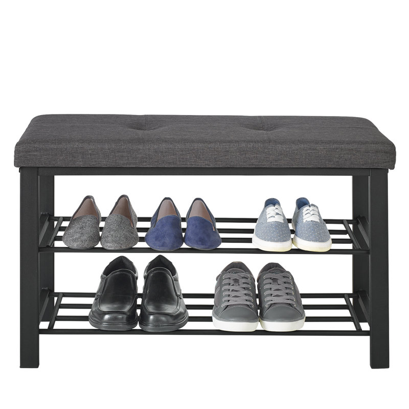 Dark Charcoal Upholstered Shoe Storage Bench with Metal Frame