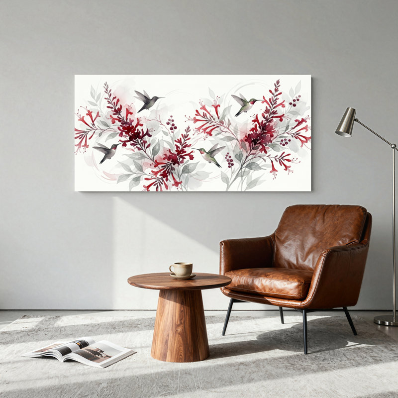 Ensemble de 1 tableau sur toile à motif d'oiseaux et de fleurs, L 32 po x H 16 po, Toile tendue