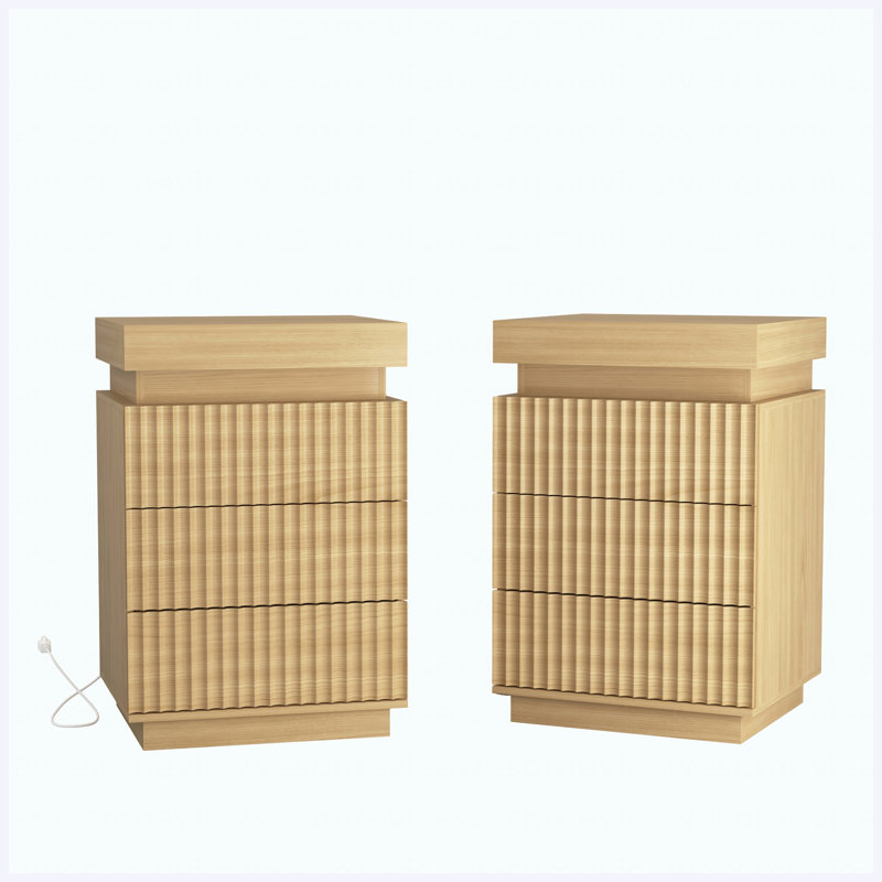 (Ensemble de 2) Tables de chevet naturelles avec station de charge et lumières DEL, tables de chevet à panneau ondulé cannelé avec rangement caché pour le salon de la chambre à coucher