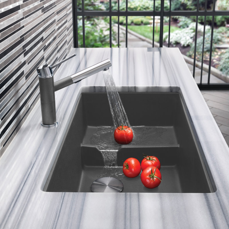 Precis Cascade SILGRANIT 29" L x 18" W Undermount Kitchen Sink with Colander, Metallic Gray