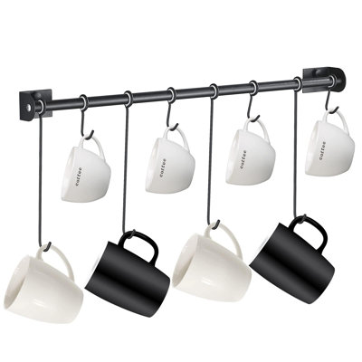 Coffee Mug Rack, 8-Hook Metal Rail With Utensil Hooks, Hanging Tea Cup Holder, (Matte Black)