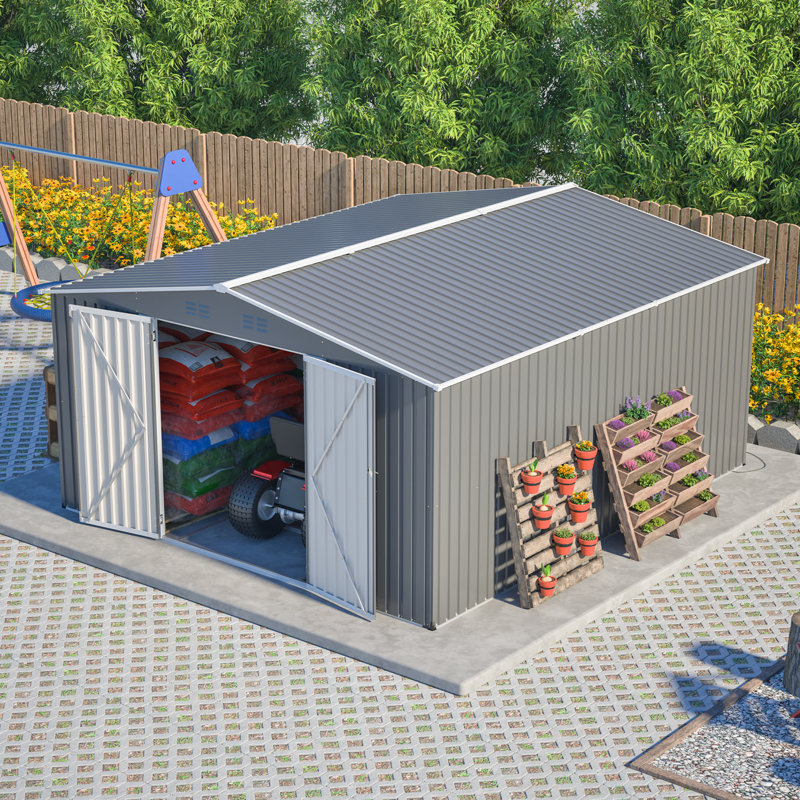 12*14 Ft Metal Outdoor Storage Shed With Floor Frame And Lockable Door For Backyard Patio Lawn,gray