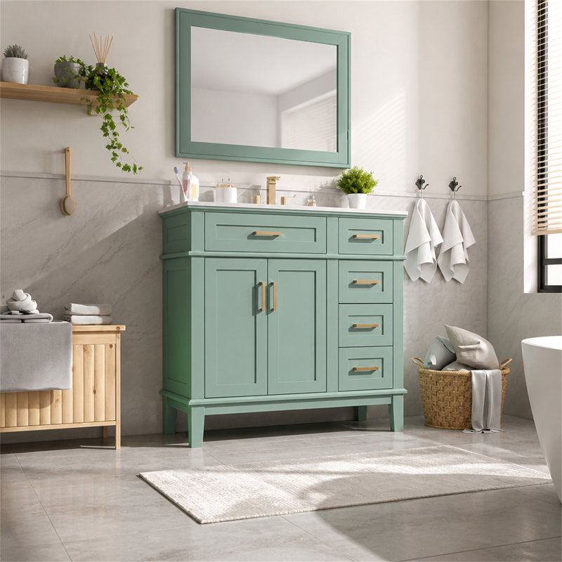 Meuble-lavabo autoportant moderne avec lavabo en céramique et tiroirs de rangement à fermeture en douceur pour l'organisation