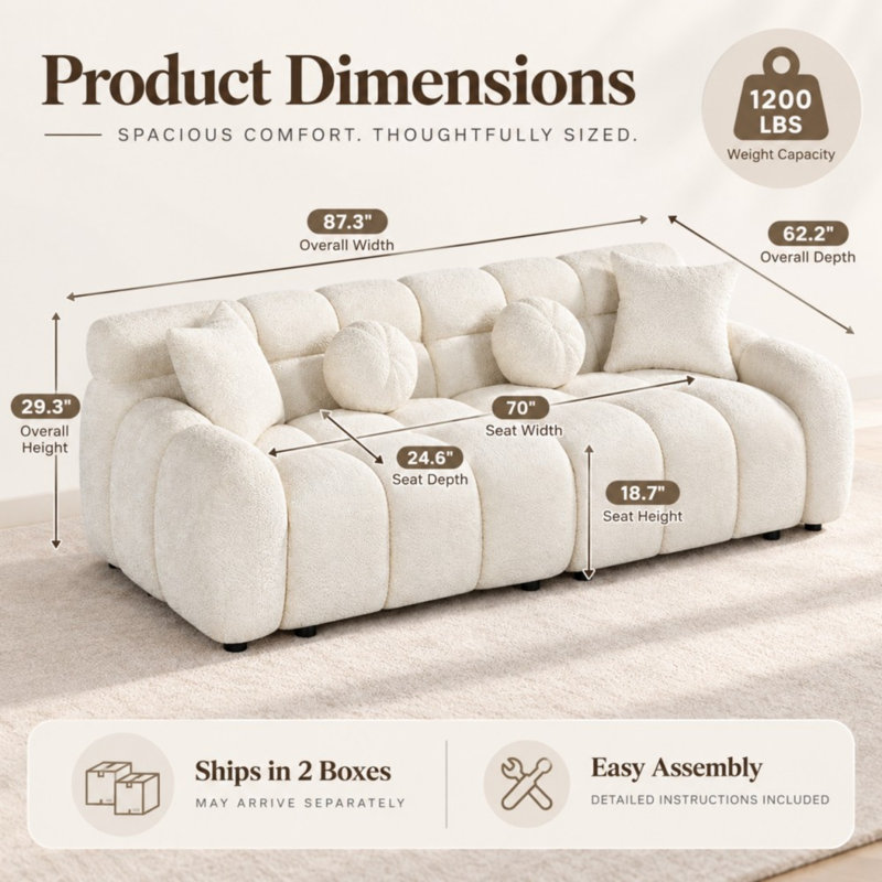 87.3" Plush Bubble Tufted Sofa for Living Room, Beige Polyester