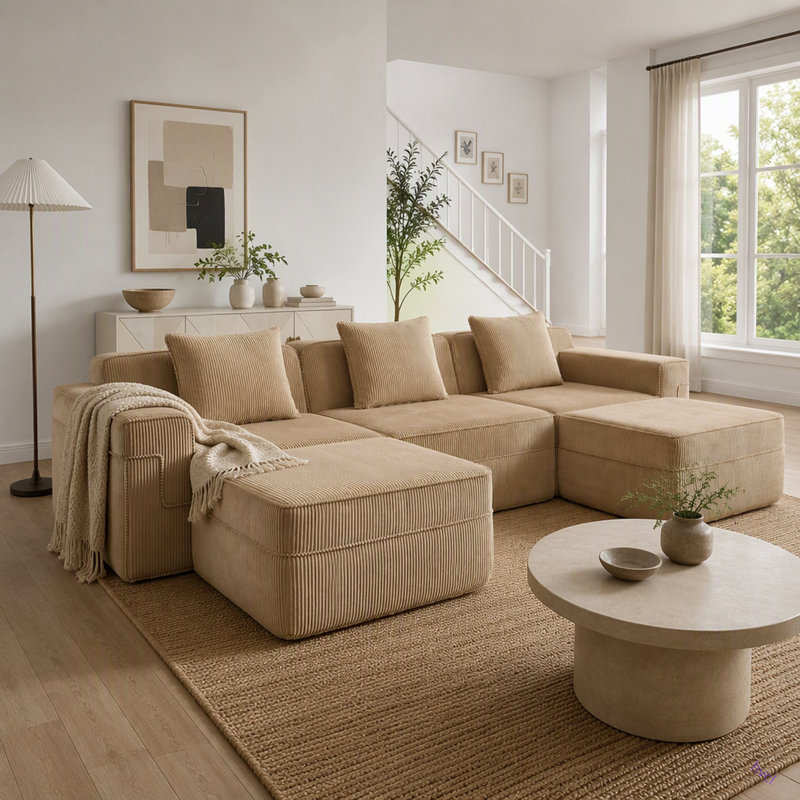 Canapé modulaire modulaire à 3 places en forme de U sans os, canapé modulaire Cloud avec assise profonde, canapé modulaire moderne à 3 places avec coussins décoratifs et 2 repose-pieds amovibles, tissu en velours côtelé