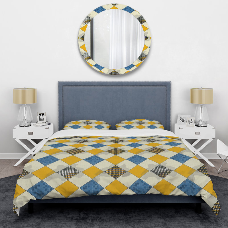 Ensemble de housse de couette moderne bleu et jaune Modern Houndstooth II, Housse de couette très grand et 2 très grandes t