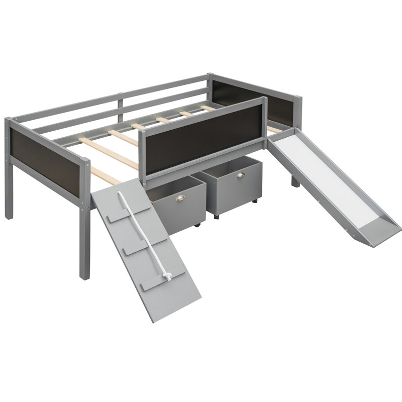 Gray Twin Size Loft Bed. Storage Boxes, Climbing Experience. Pine Wood Build. Double Chalkboard. Safe Slide For Joyful Young Ones Bed With Storage. Stability, Fun. Daily Enjoyment