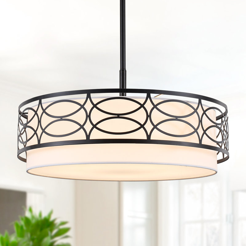 5 - Light 21.65" Dimmable Farmhouse Modern Drum Chandelier, Iron Frame With Cut-Out Design & Inner Fabric Shade, Matte Black