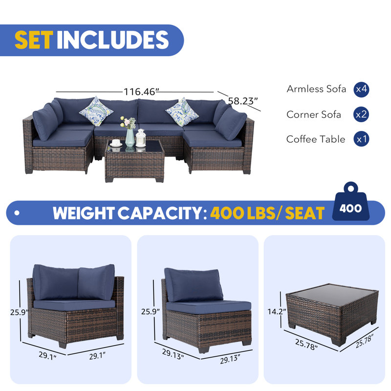 7-Piece Rattan Outdoor Sectional Seating Group with Cushions, Blue, Gray
