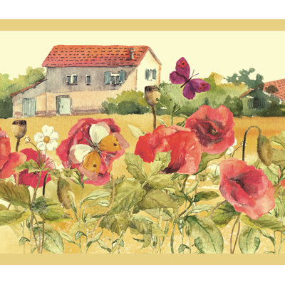 GB50061 Countryside Watercolor Flowers Peel and Stick Wallpaper Border with garden of flowers and houses 10 in Height x 15ft Tan Red Green Brown Made in USA by Grace and Gardenia Designs