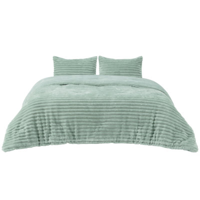 Bedsure King Size Comforter Sets - 3-Piece Double-Sided Fleece Fluffy Sage Green Bedding, Cozy Striped Aesthetic for Modern & Guest Bedrooms, All-Season Luxury Home Decor
