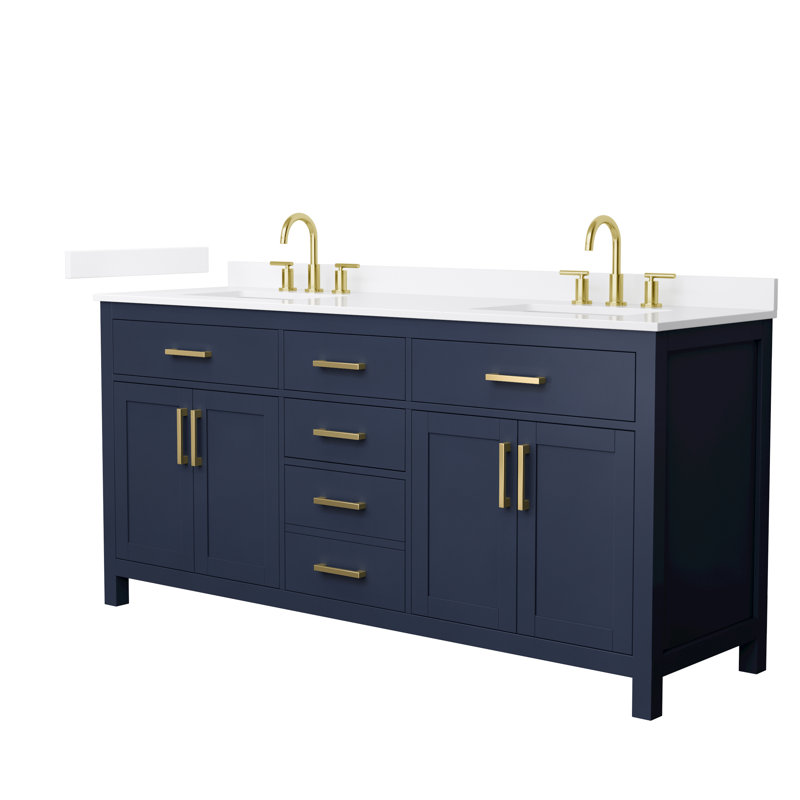 Beckett 72" Freestanding Double Bathroom Vanity with Quartz Top, Brushed Gold, White Quartz, Dark Blue