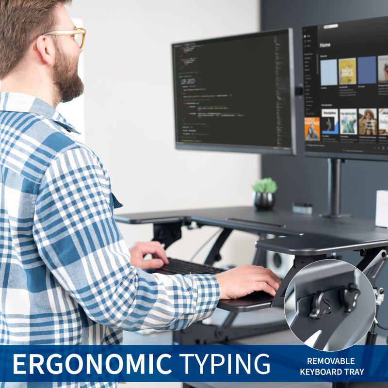Black Adjustable Standing Desk Converter with Dual Monitor Mount