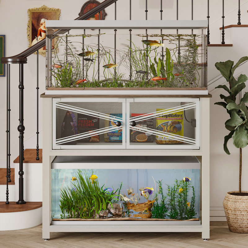 White Heavy Duty Metal Aquarium Stand with Storage Cabinet and LED Light