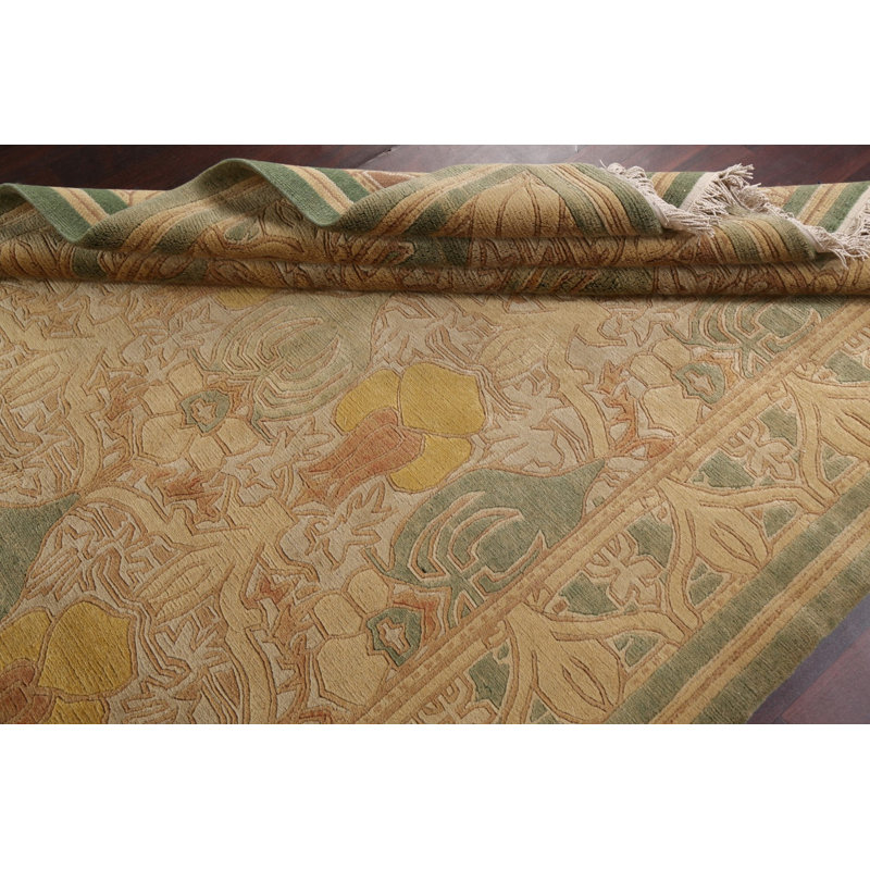 Tapis beige en laine noué à la main de conception unique 6 pi x 9 pi 5 po New Age