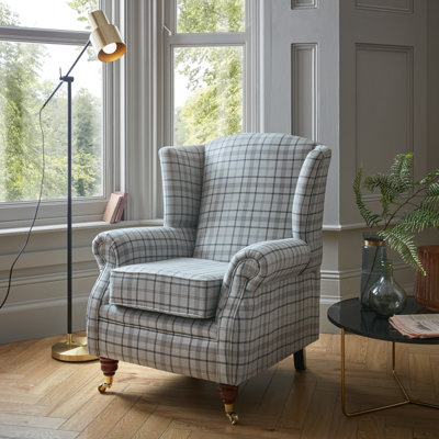 Small Check Design Fire Side Wingback Upholstered Arm Chair 83Cm Wide Chair