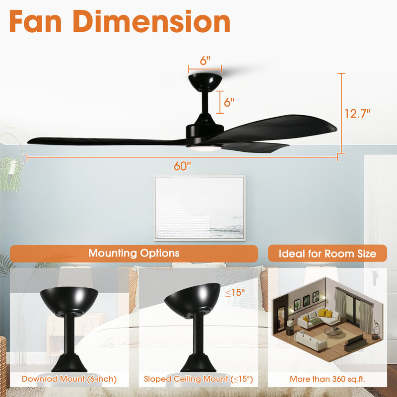 60" Black Industrial Ceiling Fan with LED Light and Remote