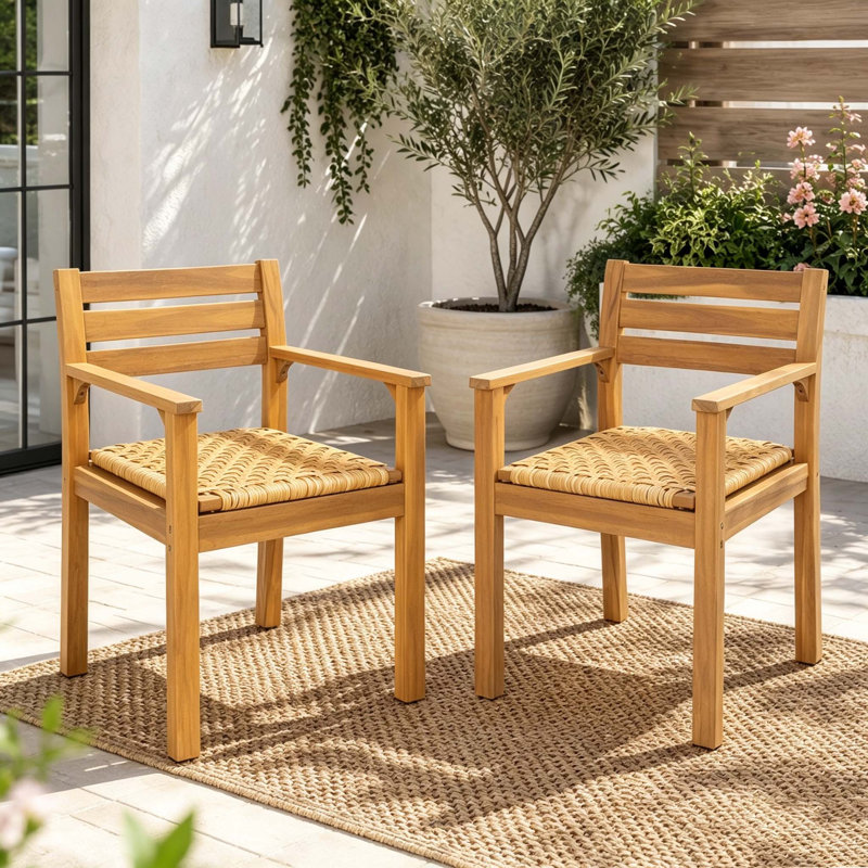 Ensemble de 2 chaises de salle à manger d'extérieur en bois d'acacia avec assises tressées